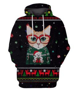 Cat Wearing Red Glasses On Christmas Custom T-shirt - Hoodies Apparel HD-PET110215 3D Custom Fleece Hoodies Hoodie S 