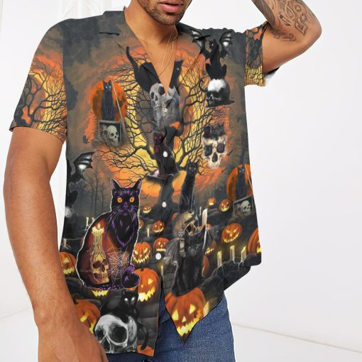 Gearhumans 3D Skull With Black Cat Halloween Custom Hawaiian Shirt