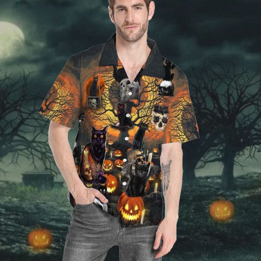 Gearhumans 3D Skull With Black Cat Halloween Custom Hawaiian Shirt