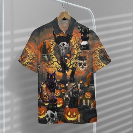 Gearhumans 3D Skull With Black Cat Halloween Custom Hawaiian Shirt