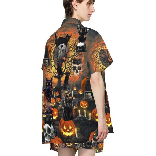Gearhumans 3D Skull With Black Cat Halloween Custom Hawaiian Shirt