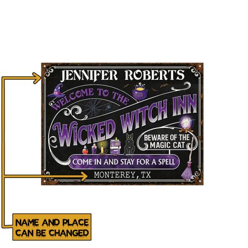 Gearhumans 3D Halloween Witch Inn Black Cat Stay For A Spell Black Custom Name Custom Text Yard Sign