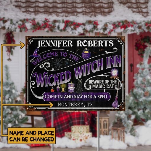 Gearhumans 3D Halloween Witch Inn Black Cat Stay For A Spell Black Custom Name Custom Text Yard Sign - Image 3