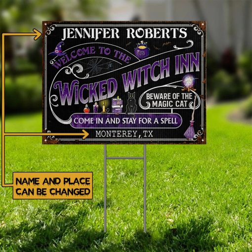 Gearhumans 3D Halloween Witch Inn Black Cat Stay For A Spell Black Custom Name Custom Text Yard Sign - Image 2
