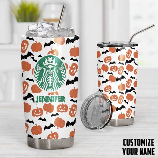 Gearhumans 3D Halloween Pumpkin SB Custom name Design Vacuum Insulated Tumbler