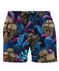 Gearhumans 3D Skull Tropical Palm Leaves Custom Beach Shorts