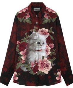Gearhuman 3D Cat And Flower Custom Linen Shirt For Woman GV141011 Linen Shirt Linen Shirt S 