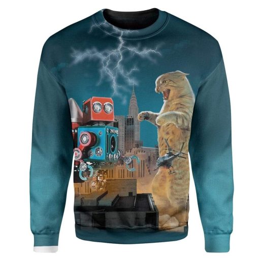 Gearhuman 3D Catzilla Vs Robot T-Shirts Hoodies Apparel MV-M14025 3D Custom Fleece Hoodies Long Sleeve S