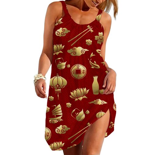 Gearhuman 3D Gold Asian Culture Sleeveless Beach Dress ZK0406217 Beach Dress Beach Dress S