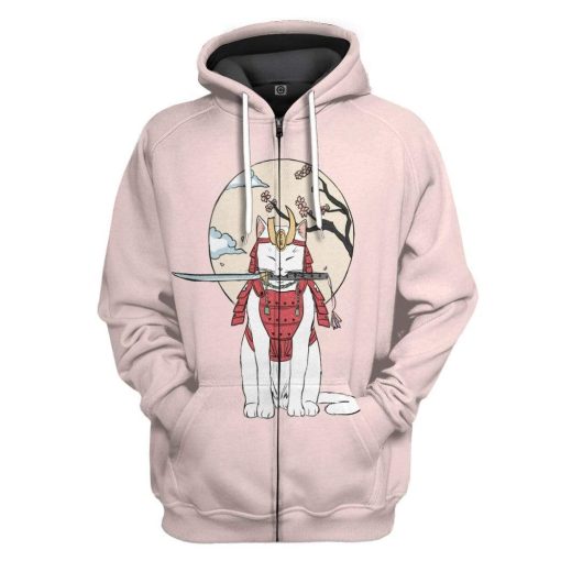 Gearhuman 3D Samurai Cat Sakura Custom Hoodie GS07088 3D Custom Fleece Hoodies Zip Hoodie S