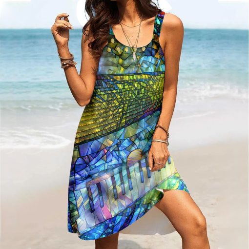 Gearhuman 3D Stained Glass Accordion Sleeveless Beach Dress ZK2306212 Beach Dress