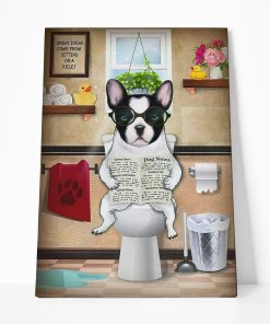 GearHuman 3D Toilet Seat Reading Newspaper French Bulldog Dog Canvas GR19016 Canvas 1 Piece Non Frame M