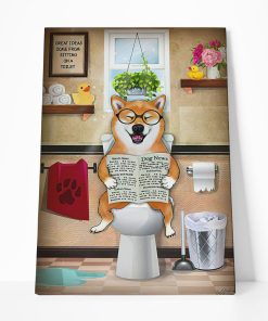GearHuman 3D Toilet Seat Reading Newspaper Shiba Inu Dog Poster GR19019 Canvas 1 Piece Non Frame M
