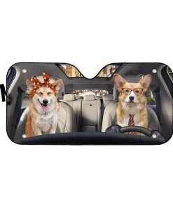 gearhumans 3D Adorable Couple Corgi Dogs In Car Custom Car Auto Sunshade GV230622 Auto Sunshade 57''x27.5'' 