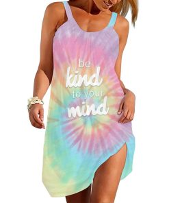 Gearhumans 3D Be Kind To Your Mind Rainbow Tie Dyed Custom Sleeveless Beach Dress GO16062110 Beach Dress Beach Dress S 