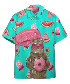 Gearhumans 3D British Shorthair Cat In Sunglasses With A Pink Donut Custom Short Sleeve Shirt GO05052116 Hawai Shirt Short Sleeve Shirt S 
