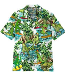 Gearhumans 3D Dinosaur Surfing Hawaii Shirt ZZ2806211 Short Sleeve Shirt Short Sleeve Shirt S