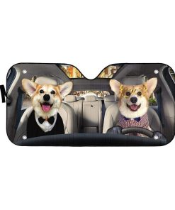 gearhumans 3D Friend Couple Corgi Dogs In Car Custom Car Auto Sunshade GV230621 Auto Sunshade 57''x27.5'' 