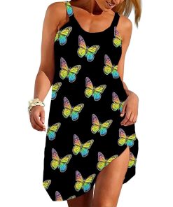 Gearhumans 3D Glittery Rainbow Butterfly Custom Sleeveless Beach Dress GO25062114 Beach Dress Beach Dress S 