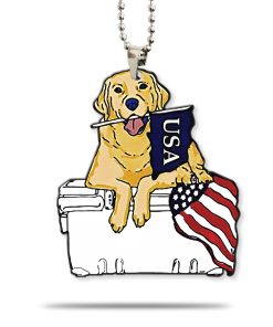 Gearhumans 3D Golden Retriever On Cooler With Flag Custom Car Hanging GO25052115 Car Hanging Car Hanging/1 Pack