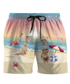 Gearhumans 3D Golden Retriever With Flamingo At The Beach Summer Beach Shorts Swim Trunks GV150714 Men Shorts Men Shorts S