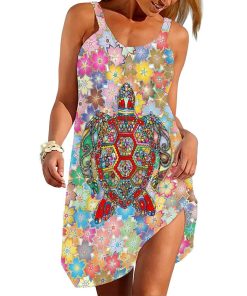 Gearhumans 3D Hawaiian Sea Turtle In Flowers Ocean Custom Sleeveless Beach Dress GO22062115 Beach Dress Beach Dress S 