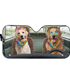 gearhumans 3D Hippie Golden Retriever Custom Car Auto Sunshade GW220612 Auto Sunshade 57''x27.5'' 