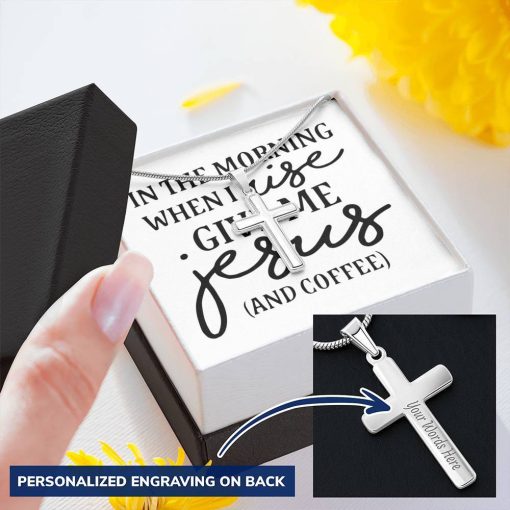 Gearhumans 3D Jesus And Coffee Personalized Cross Necklace Custom Text GS2204218 ShineOn Fulfillment