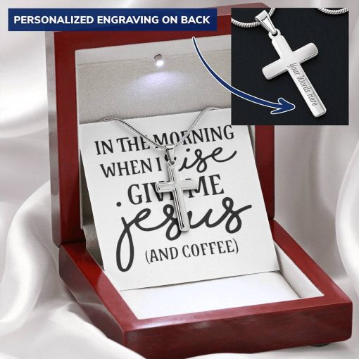 Gearhumans 3D Jesus And Coffee Personalized Cross Necklace Custom Text GS2204218 ShineOn Fulfillment Mahogany Style Luxury Box