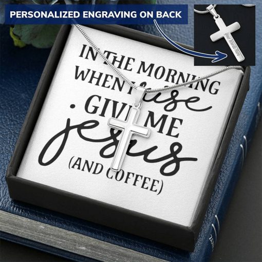 Gearhumans 3D Jesus And Coffee Personalized Cross Necklace Custom Text GS2204218 ShineOn Fulfillment Standard Box