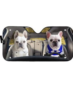 gearhumans 3D Love Couple White French Bulldog In Car Custom Car Auto Sunshade GV230614 Auto Sunshade 57''x27.5'' 