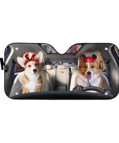 gearhumans 3D Lovely Couple Corgi Dogs In Car Custom Car Auto Sunshade GV230620 Auto Sunshade 57''x27.5'' 