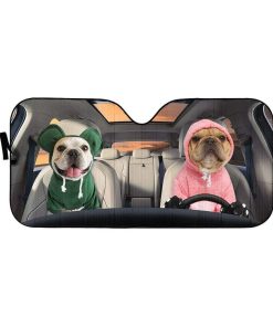 gearhumans 3D Lovely Hoodie Bulldog Couple Custom Car Auto Sunshade GV120622 Auto Sunshade 57''x27.5'' 
