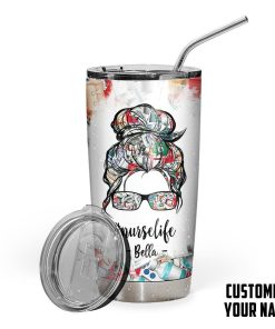 Gearhumans 3D Messy Bun Nurse Custom Name Design Insulated Vacuum Tumbler GW2004211 Tumbler Short 20oz 