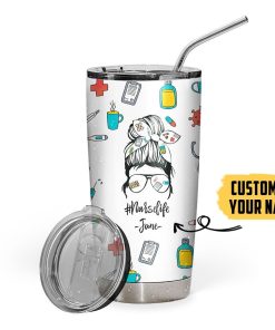 Gearhumans 3D Messy Bun Nurse Custom Name Design Insulated Vacuum Tumbler GW2004213 Tumbler Short 20oz 