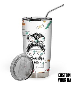 Gearhumans 3D Messy Bun Nurse Custom Name Design Insulated Vacuum Tumbler GW2204214 Tumbler Short 20oz 