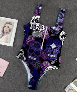 Gearhumans 3D Purple Sugar Skulls Hawaiian Custom One Piece Swimsuit GW24052117 One-piece Swimsuit One-piece Swimsuit S 