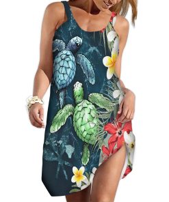 Gearhumans 3D Sea Turtle Tropical Hibiscus And Plumeria Custom Sleeveless Beach Dress GS23062115 Beach Dress Beach Dress S 