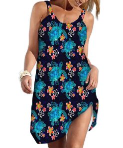 Gearhumans 3D Sea Turtle With Flowers Custom Sleeveless Beach Dress GO23062117 Beach Dress Beach Dress S 