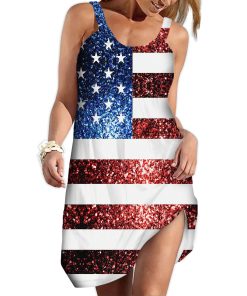 Gearhumans 3D Sparkle American Flag Custom Sleeveless Beach Dress GO18062119 Beach Dress Beach Dress S 