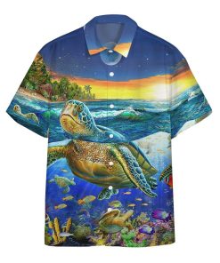 Gearhumans 3D Sunset Sea Turtle Swimming Among Coral Reefs Custom Hawaii Shirt GS08072128 Hawai Shirt Hawai Shirt S 