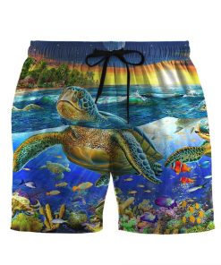 Gearhumans 3D Sunset Sea Turtle Swimming Among Coral Reefs Custom Men Short GS08072129 Men Shorts Men Shorts S 