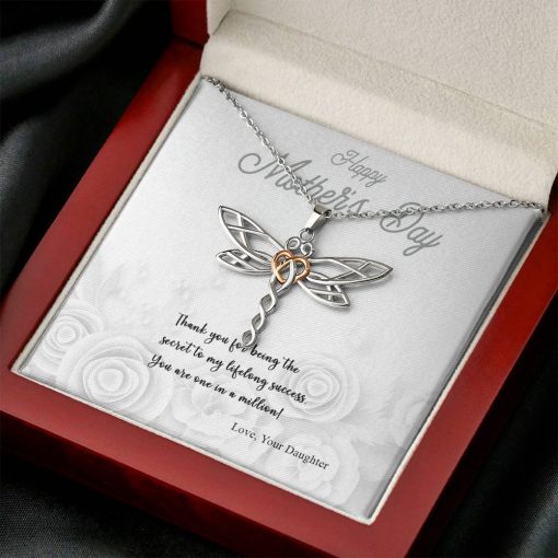 Gearhumans 3D Thank You Mom Happy Mothers Day Dragonfly Dream Necklace GS2204212 ShineOn Fulfillment Mahogany Style Luxury Box