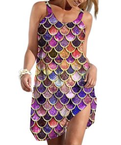 Gearhumans 3D The Most Autumnal Pink Sparkle Mermaid Tail In The Ocean Custom Sleeveless Beach Dress GO08062114 Beach Dress Beach Dress S 