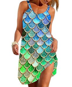 Gearhumans 3D The Most Green And Blue Sparkle Mermaid Tail In The Ocean Custom Sleeveless Beach Dress GO08062115 Beach Dress Beach Dress S 