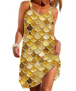 Gearhumans 3D The Most Ultra Gold Sparkle Mermaid Tail In The Ocean Custom Sleeveless Beach Dress GO14062111 Beach Dress Beach Dress S 