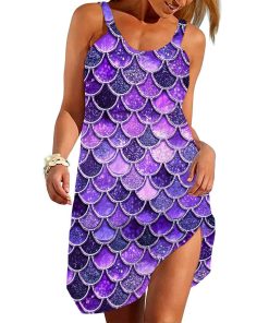 Gearhumans 3D The Most Ultra Violet Sparkle Mermaid Tail In The Ocean Custom Sleeveless Beach Dress GO14062110 Beach Dress Beach Dress S 