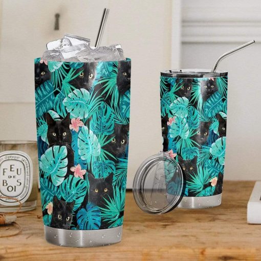Gearhumans Gearhuman 3D Black Cat Tropical Hawaii Custom Design Vacuum Insulated Tumbler GW14076 Tumbler