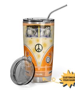 Gearhumans Gearhuman 3D Hippie Orange Peace Vw Bus with Golden Retriever Glitter Custom Name Design Vacuum Insulated Tumbler GL03062 Glitter Tumbler 20oz/Glitter