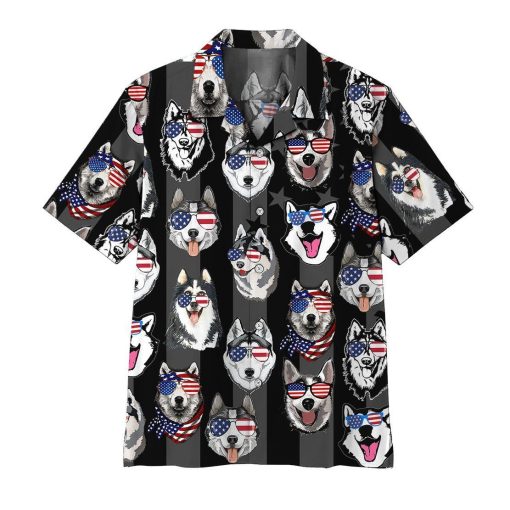 Gearhumans GEARHUMAN 3D Husky American Flag Hawaii Shirt ZZ2304211 Hawai Shirt Short Sleeve Shirt S